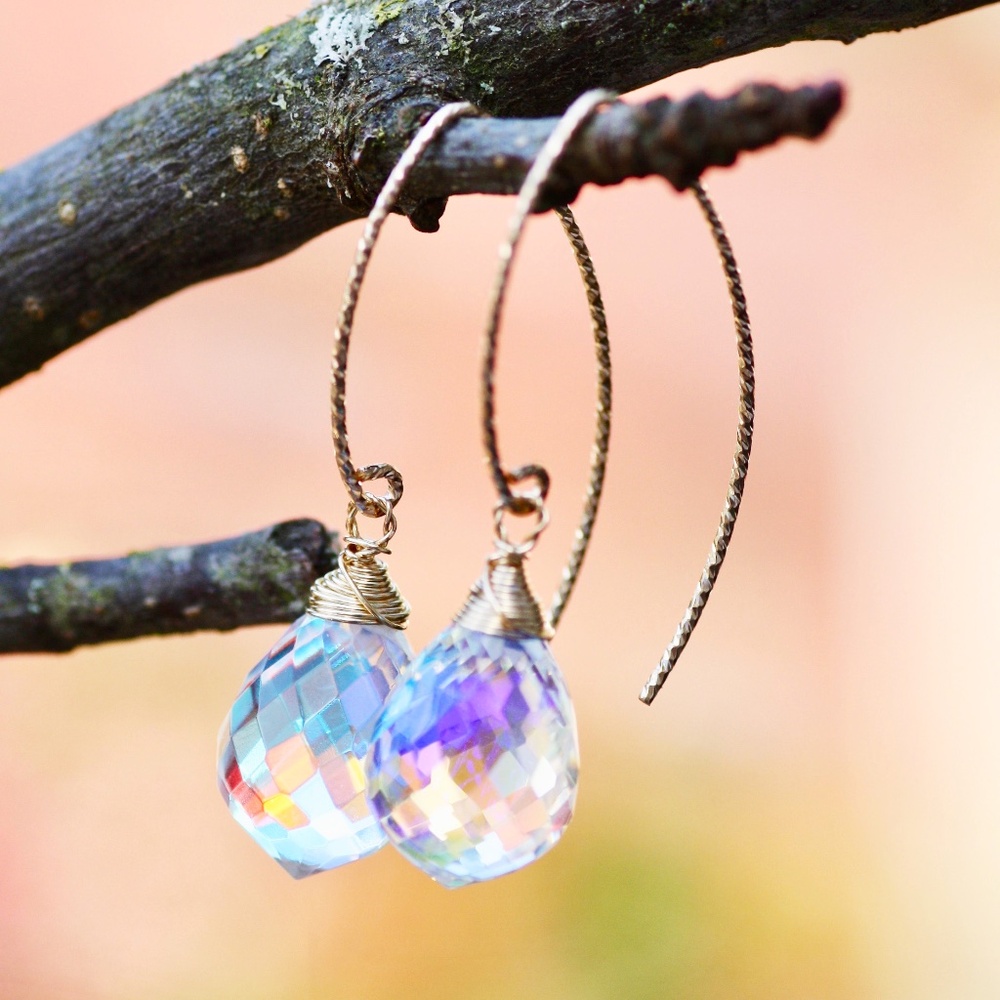 Aurora Borealis Rainbow Moonstone Earrings 14k Yellow Gold Filled